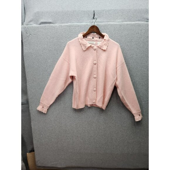 Vintage Carriage Court Pink Wool Nylon Cardigan W/ Crochet Collar & Cuff Detail - Picture 1 of 5